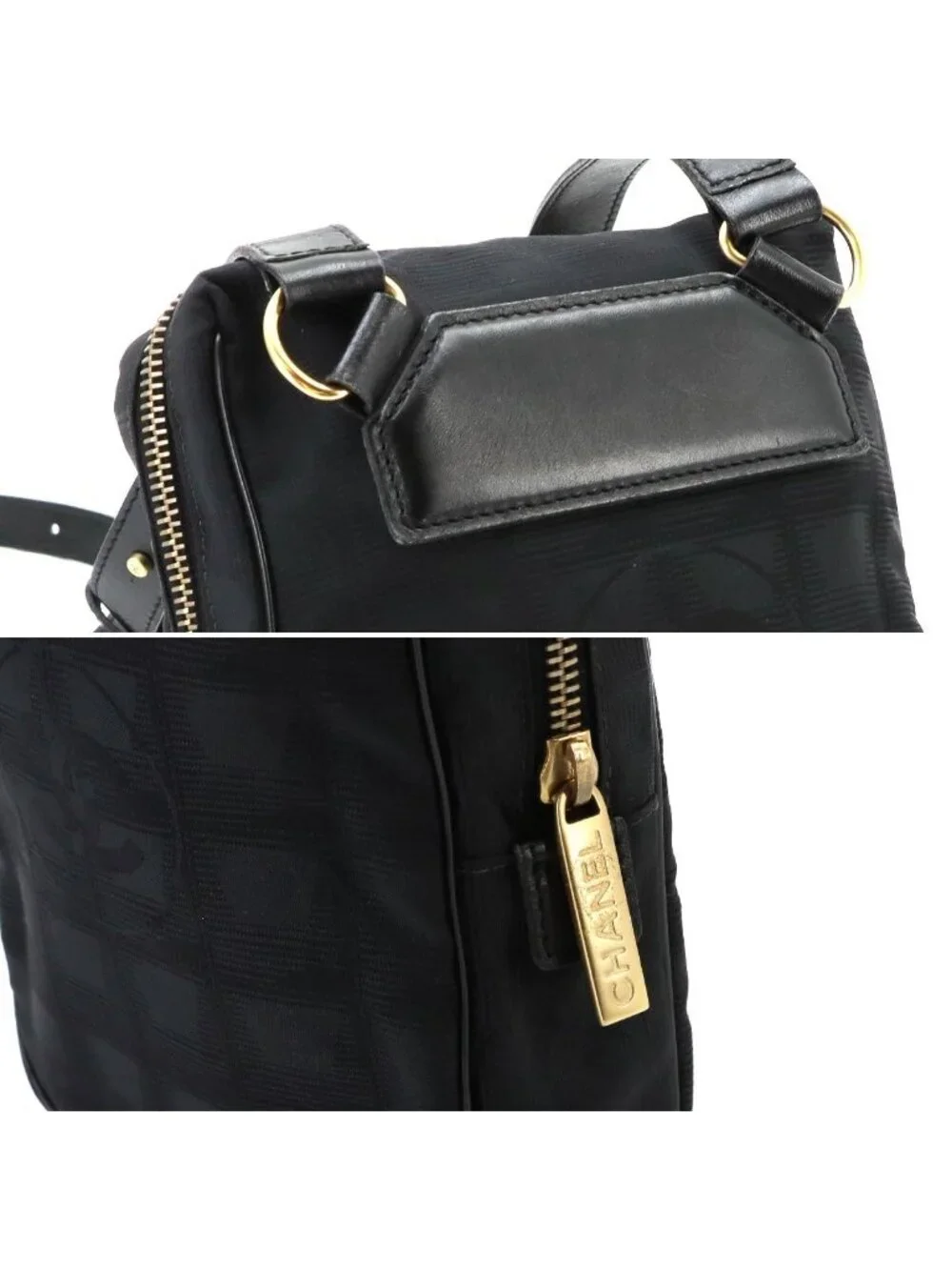 Chanel New Travel Line Shoulder Bag Nylon Jacquard Leather Black